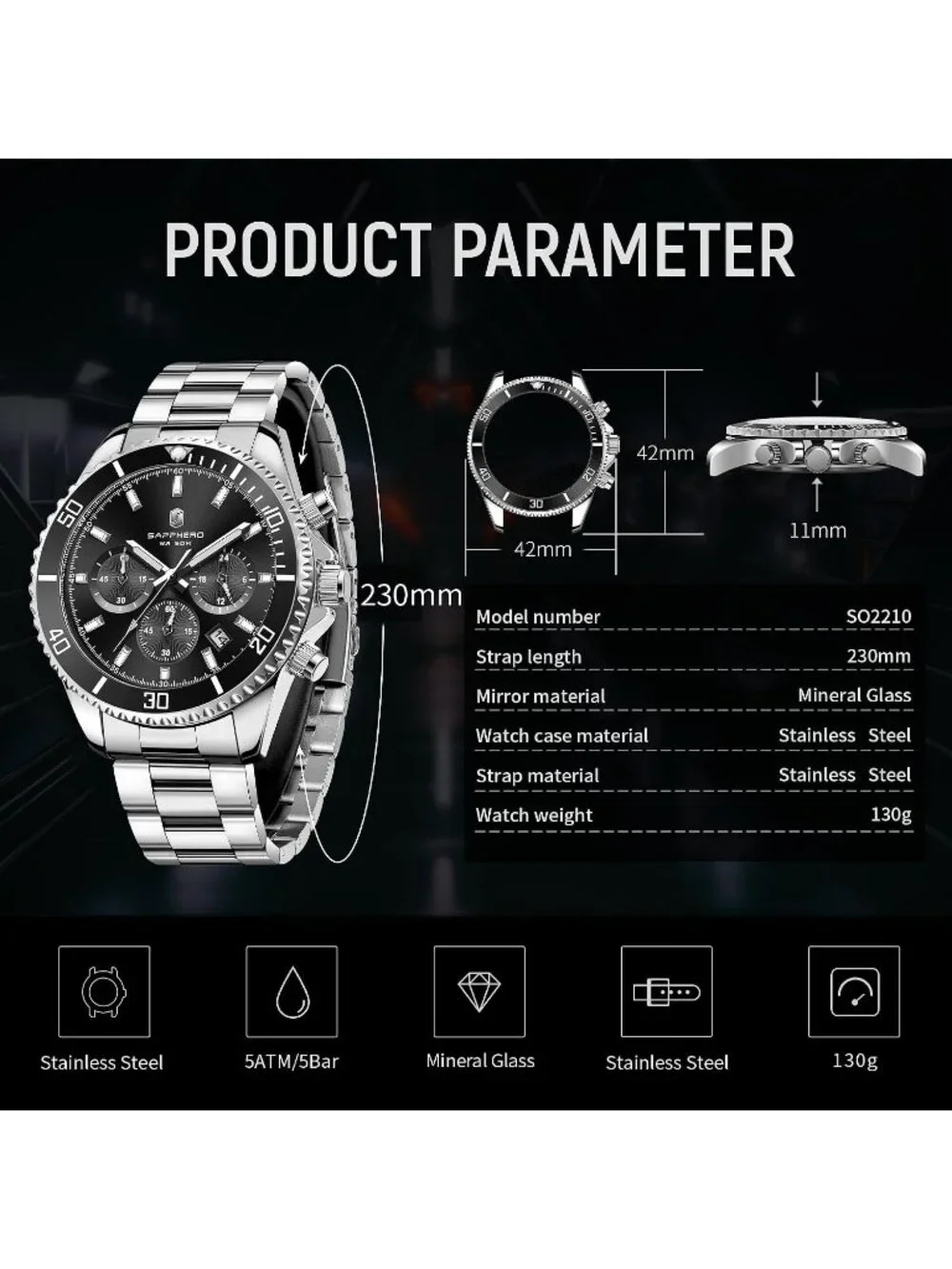 Men's Silver And Black Chronograph Stainless Steel Waterproof Quartz Wrist Watch